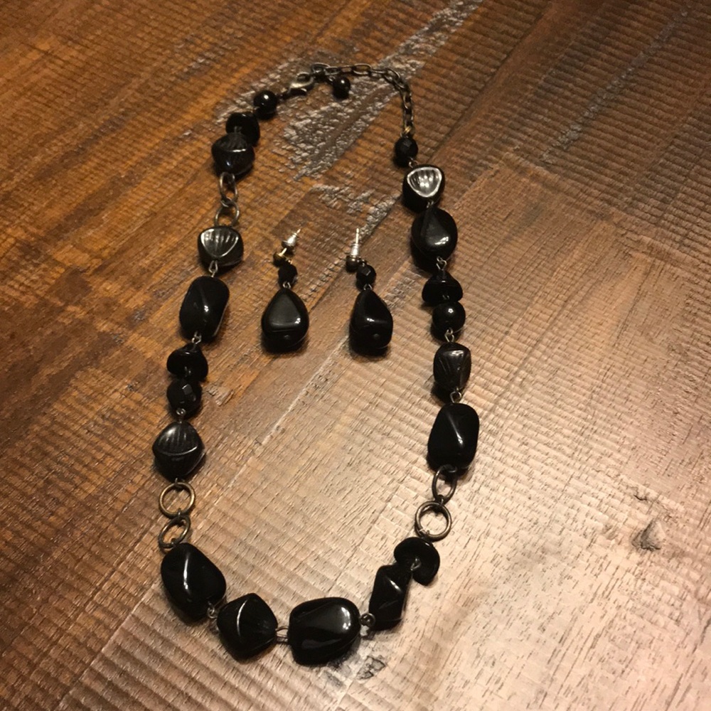 Black necklace with matching earrings.